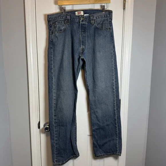 Levis 501 Jeans Mens 36x32 Blue Medium Wash Distressed Button‎ Fly Straight Leg