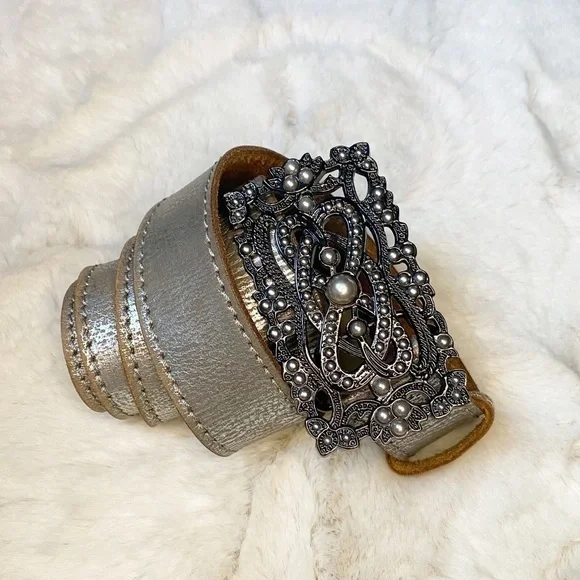 Vintage Silver‎ Leather Belt Beaded Buckle XL