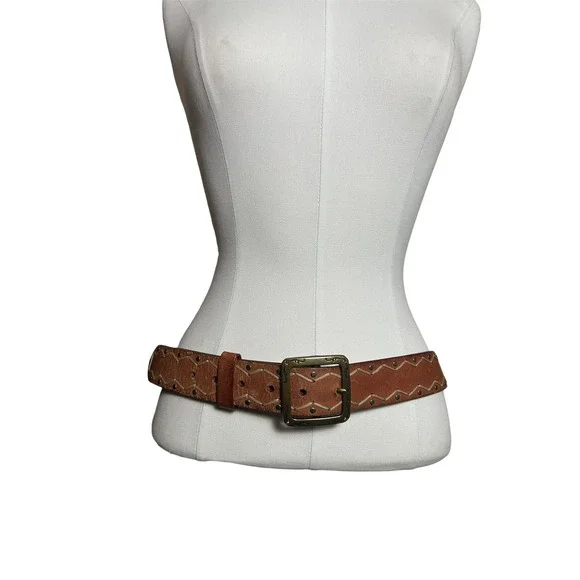 VTG Brown Whipstitch Studded Leather Belt Wide Western Boho Brass Buckle XL