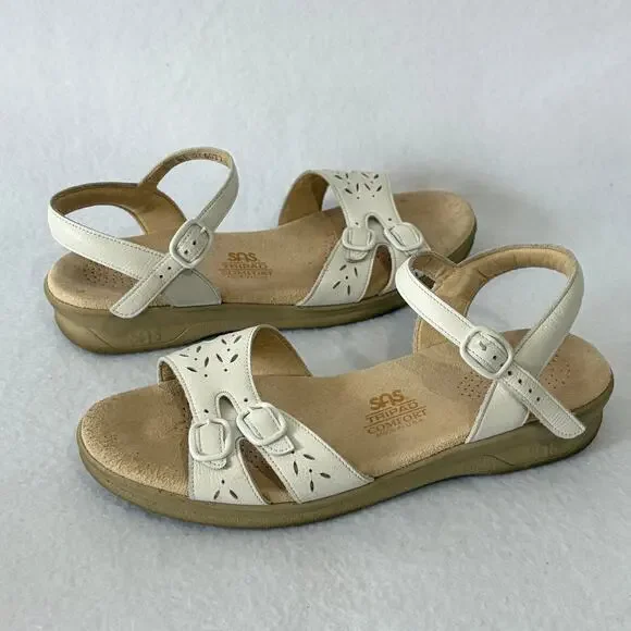 SAS Sandals Women’s 8.5 N Narrow White Leather Adjustable Straps Comfy Cushion