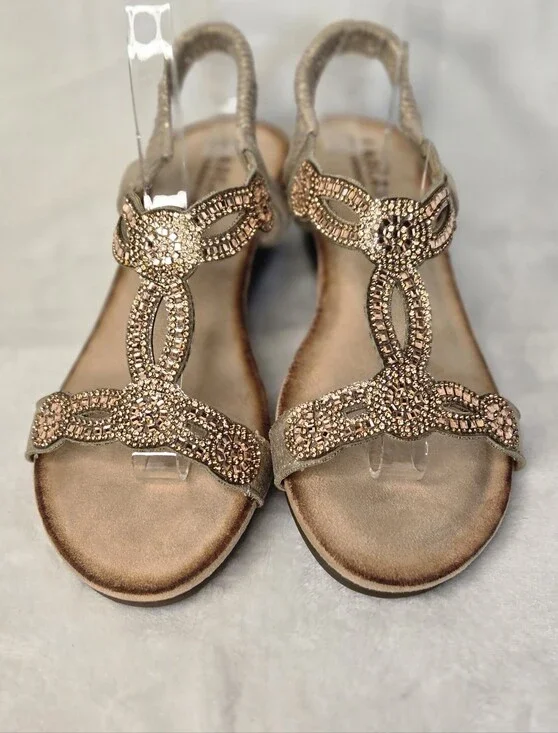 Lascana Women's Wedge Sandals With Rose Gold Rhinestones Size 7.5