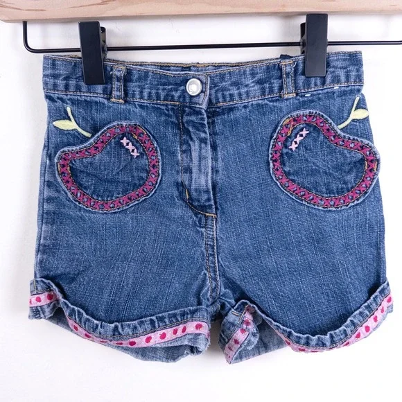 Vintage Y2K Gymboree Denim Shorts‎ Kids 3T Blue Apple Embroidery Ribbon Trim