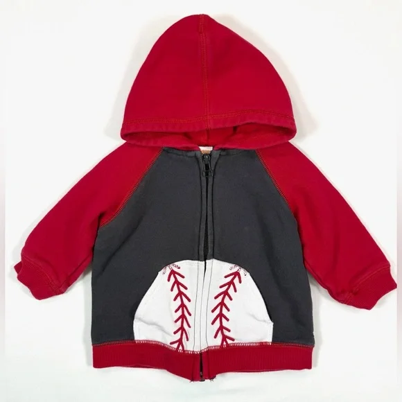 GYMBOREE Baby Boys’ Red Baseball Pocket Slugger Raglan‎ Full Zip Hoodie 6-12M
