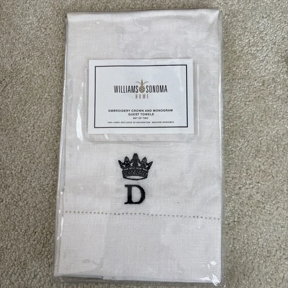 Williams Sonoma Home 100% LINEN Guest Towels Personalized D Initial‎ Embroidered