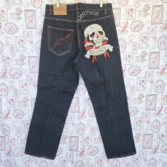 Vtg 2000s Ed Hardy Death or Glory Skull Embroidered Denim Jeans Y2K Men's‎ 38x34