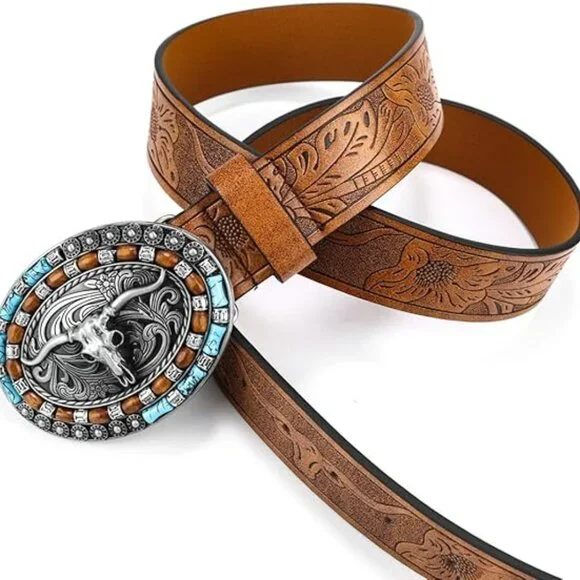 Women Western Cowgirl Belt Bull Turquoise Embossed Buckle for 31