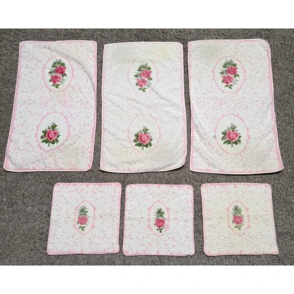70s Vintage Cannon Royal Family 6pc Towel Set Pink Rose Floral Cotton White‎