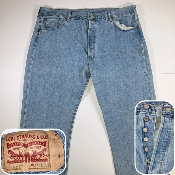 Levis 501 Jeans Mens 40x32 Light Wash Button Fly Original Fit Denim