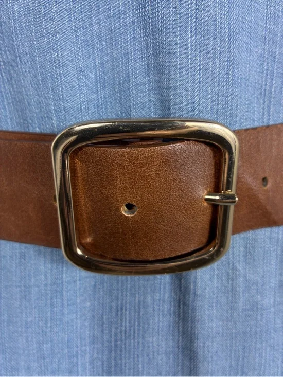 Womens belt 37” long brown faux leather gold squared buckle