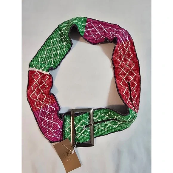 Rag Beaded Belt Green Pink‎ Red Geometric Pattern Statement Buckle New XS-S