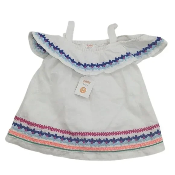 GYMBOREE Dress Boho Embroidered White Ruffle Linen Blend Girls Size 0-3 Months