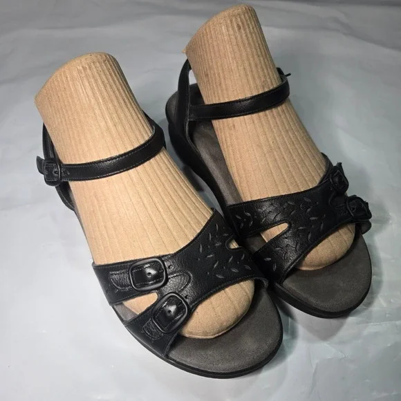 SAS Tripad Comfort Black Leather Wedge Sandals Womens 6.5 WW Wide Made in USA