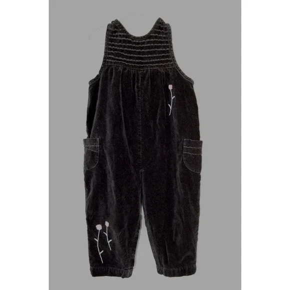 Vintage Gymboree Overalls Black Velvet‎ Pink Embroidered Roses 2T EUC