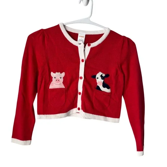 Gymboree Girls Red Cotton Animal‎ Pocket Cardigan Sweater Pig Cow Size 6