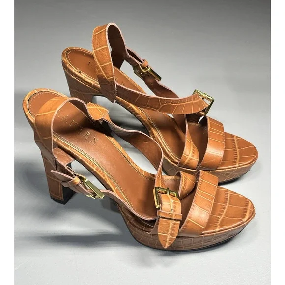 Lauren Ralph Lauren Serrata Platform Pumps Brown 9.5B Embossed Crocodile Strappy