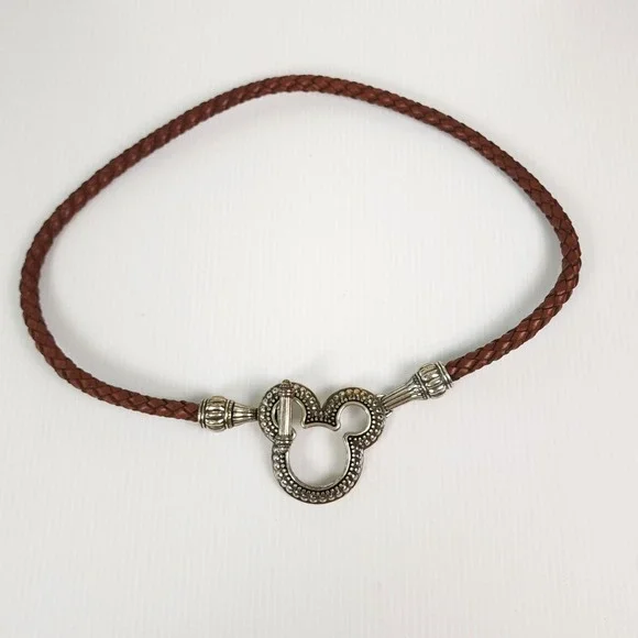 VTG Disney Brighton Lariat Belt Leather With‎ Pewter Mickey Head And Toggle 90s