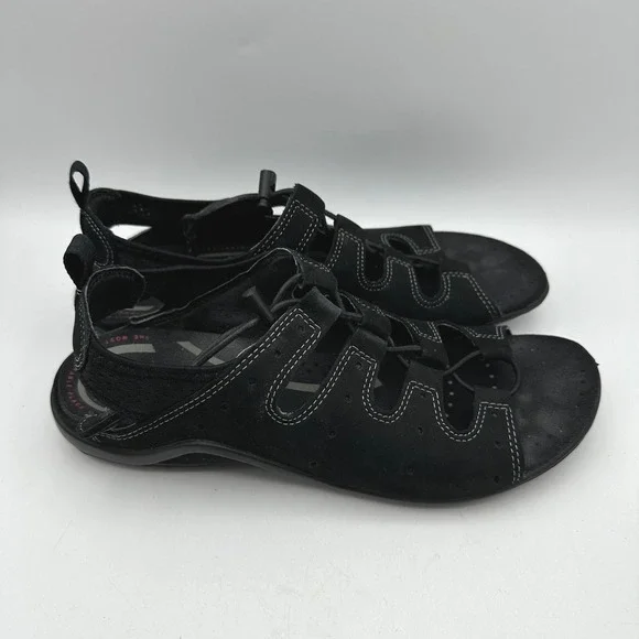 ECCO Sandal Women 39 US 8-8.5 Black Nubuck Bungee Lace Sport Shoes Walking