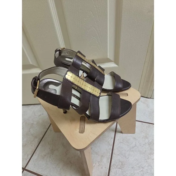 Ted Baker London Brown Leather Stiletto Sandals‎ Gold Hardware TBWS09945 Size 7