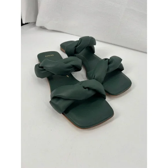 Nubikk Twisted Puff Strap Leather Slide Sandals Womens 42 Green Square Toe