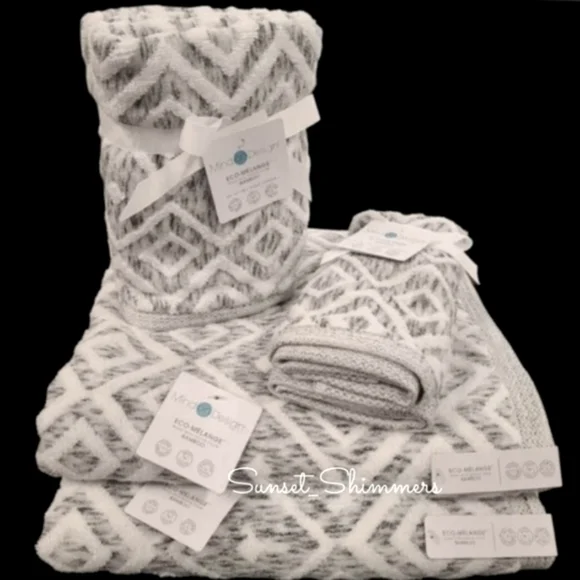 6pc Mind On Design Bath Hand Tip Towel Set Diamond Geo Gray & White Marble NEW
