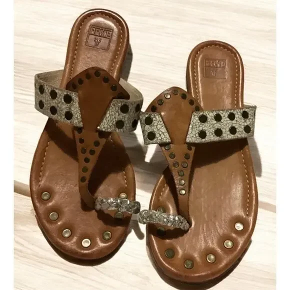 Frye tan leather sandals brass studs on the toe post. Size 8