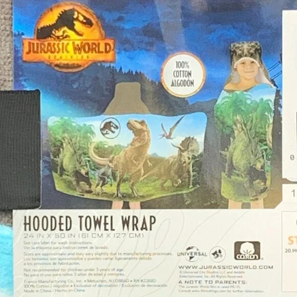 Jurassic World Hooded Towel T-Rex Kids 100% Cotton Dinosaur Bath Wrap 24x50