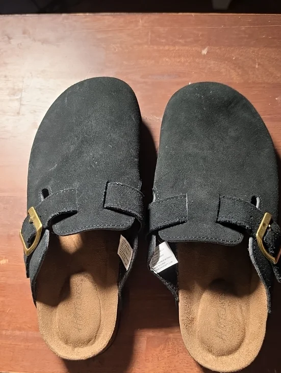 Hot Cakes Black Suede Slip-On Sandal with Gold Buckle