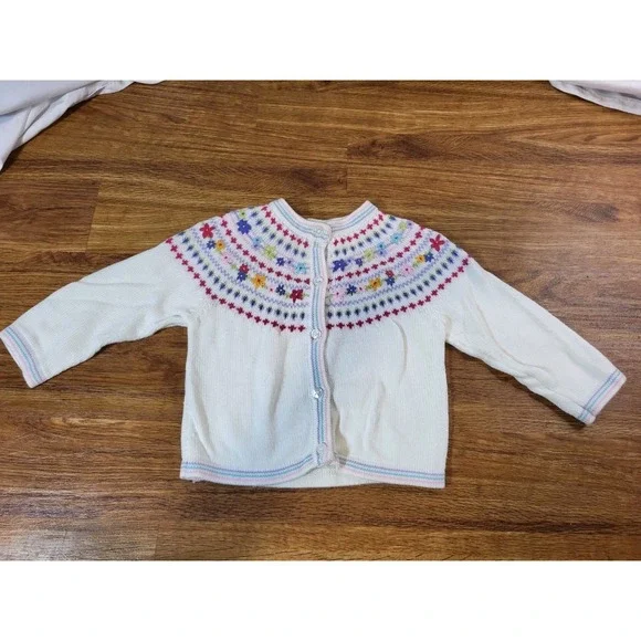 Vintage Gymboree Size Small White Fair Isle Floral Embroidered Cardigan