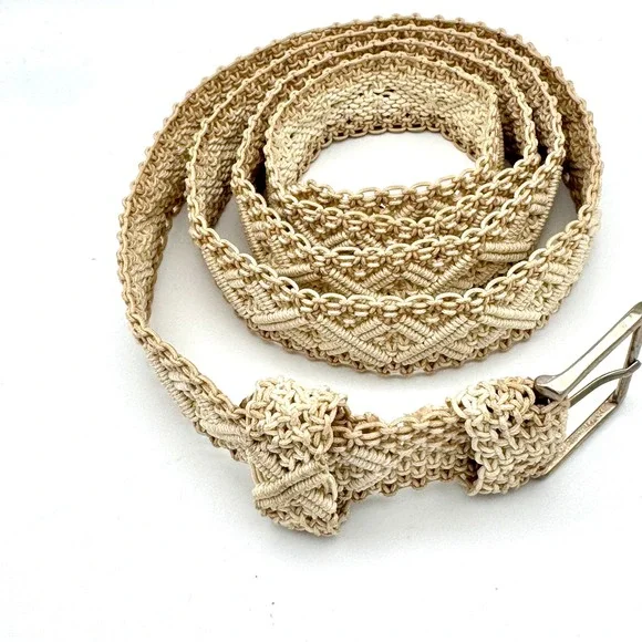 Vintage Beige Macrame Woven Belt Diamond Pattern‎ Boho Silver Buckle 55 Inch