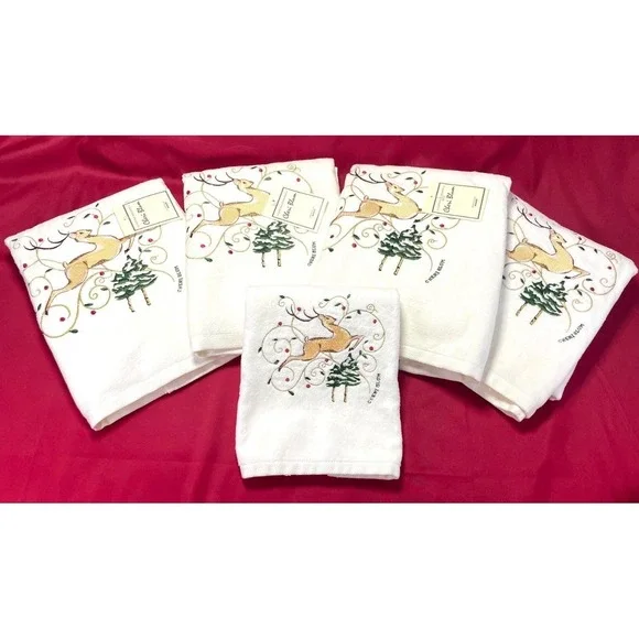 Avanti NOS 1978 Cheri Blum Reindeer Cream Bath Hand Towel Set Christmas Vtg