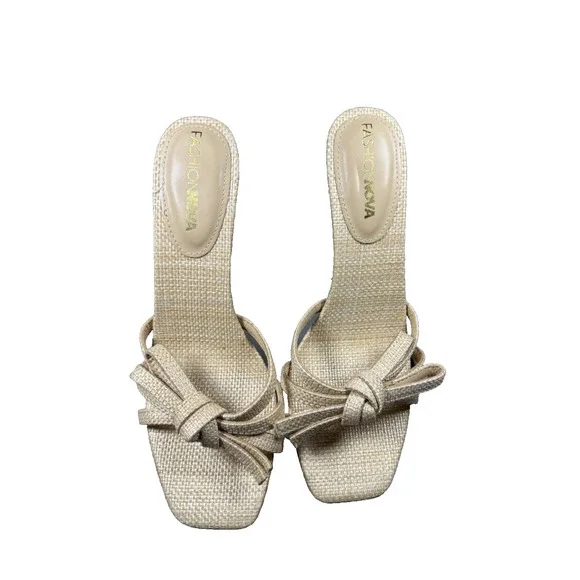 Fashion Nova Women's Raffia Bow Strap Heeled Sandals Size‎ 7.5 Beige Square toe