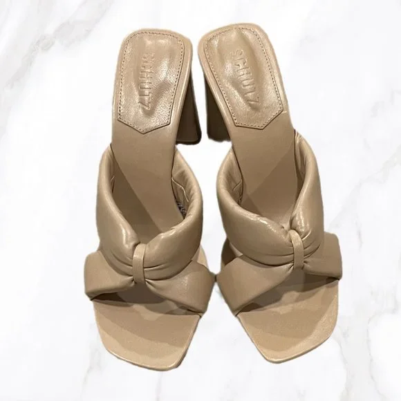 NWT Schutz Women's Fairy High Puffy Strap Heeled Sandal in True Beige, Size 10.5