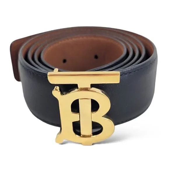 Burberry Gold-Tone TB Logo Buckle Reversible Black/Brown Leather Belt (SMALL)