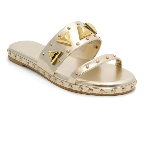Azelea Wang Rylie Gold Embellished Slip On Vegan Leather Sandal