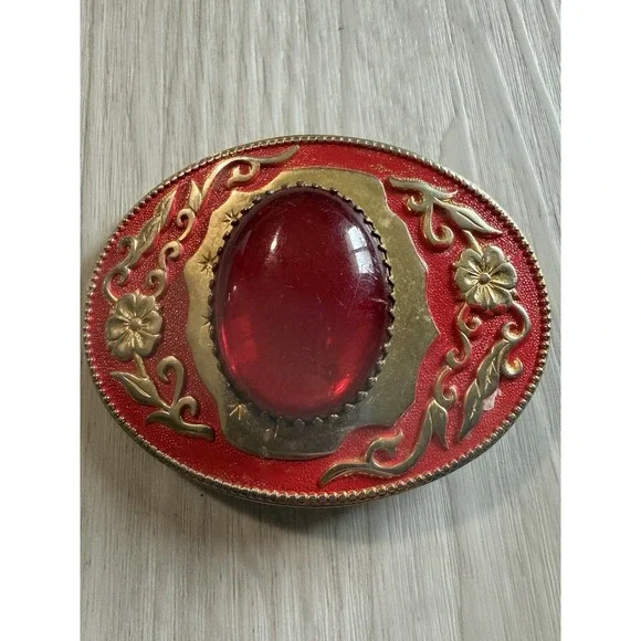 Red Enamel Belt Buckle Oval Gold Tone Red Cabochon Floral Scroll Statement Vtg
