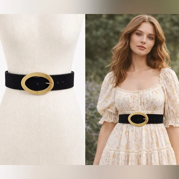 ZARA Black Suede Waist Belt Gold Oval Buckle Wide Statement Belt