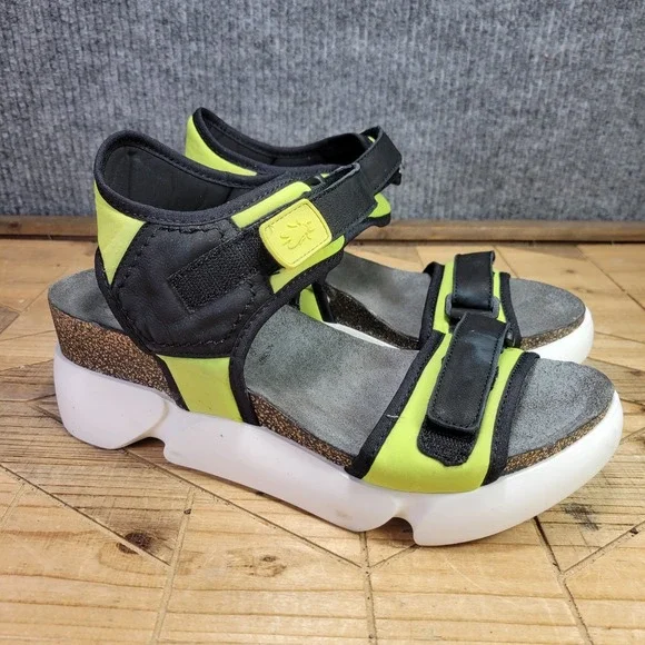 New Fly London Sigo Black Pistachio Wedge Platform Sandals‎ 41 10 - 10.5