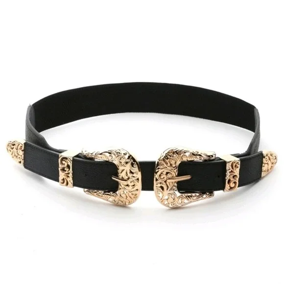 Western Black Double Buckle wide Waist Belt Faux leather Gold Boho Statement