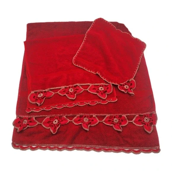 Vintage Sears Cotron Red Towel Set 3pc Floral Crochet Scalloped Edge Mid Century
