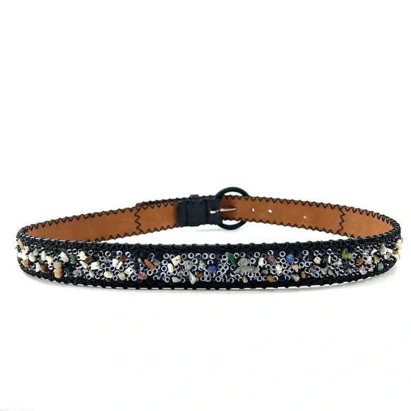 Leather Gemstone Belt Embellished Black‎ Sz M Sequins Multicolored