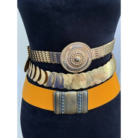 Vintage Gold Tone Metal Coin Scale Link and Mustard Yellow Elastic Belt Set 3pc‎