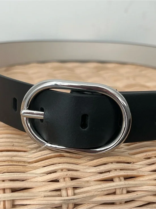 NWT Cole Haan Black Leather Belt • Silver Oval Buckle • XL