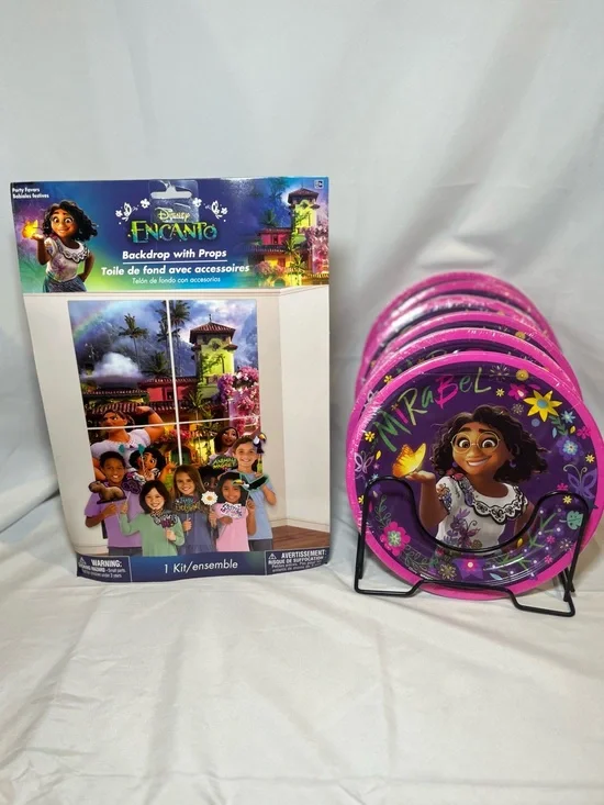LOT DISNEY ENCANTO PARTY SUPPLIES BACKDROP WITH PROPS and 9” ROUND PAPER PLATES