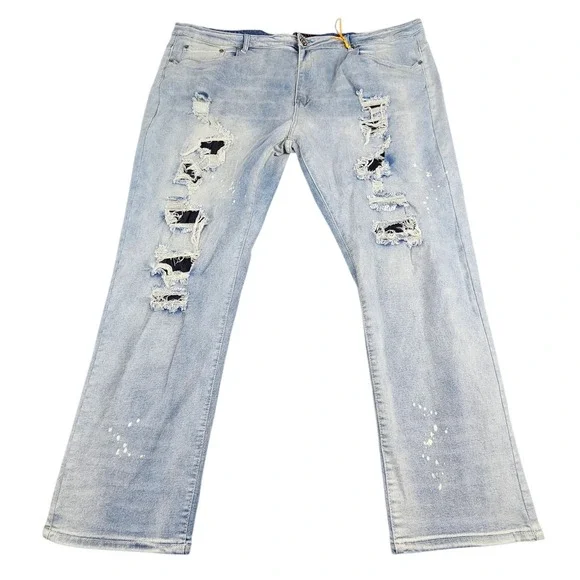 M.Society Mens 50x32 Distressed Light Wash Paint Splatter Straight Leg Jeans