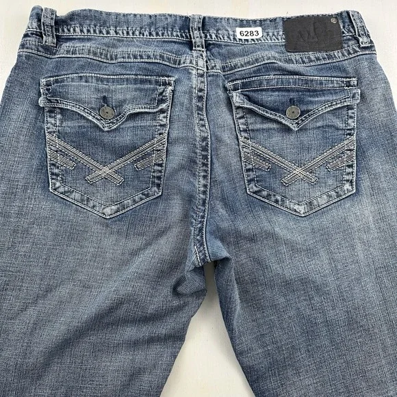 TK Axel Vintage Boot Cut Flap Pockets Jeans Men Fits 38x31 Denim Blue Distressed