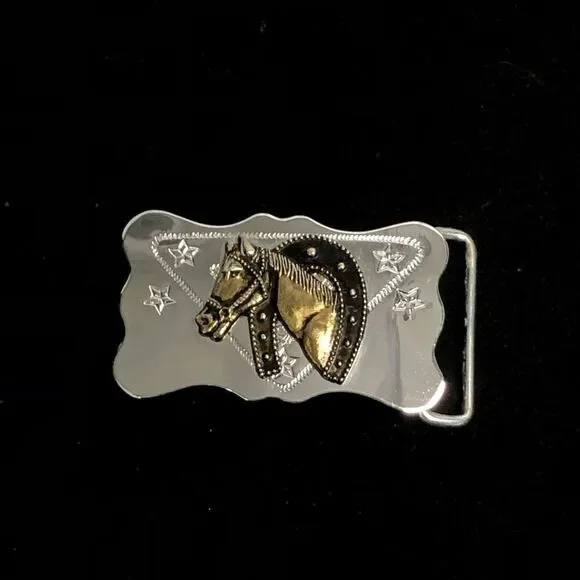 vintage metal horse belt buckle‎ two tone metal horseshoe mirror finish western