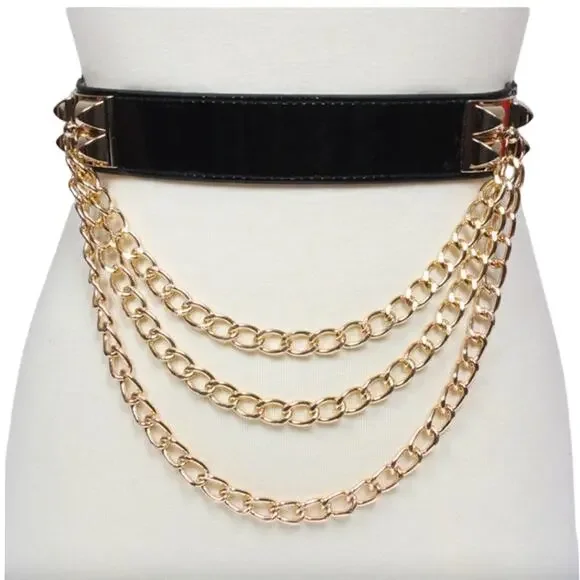 Black Chain Mesh Belt Vegan Leather Gold Studs 26