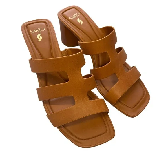 Sarto Flexa Carly Heeled Slide Sandals Cognac Square Toe Block Heel Mule 8.5