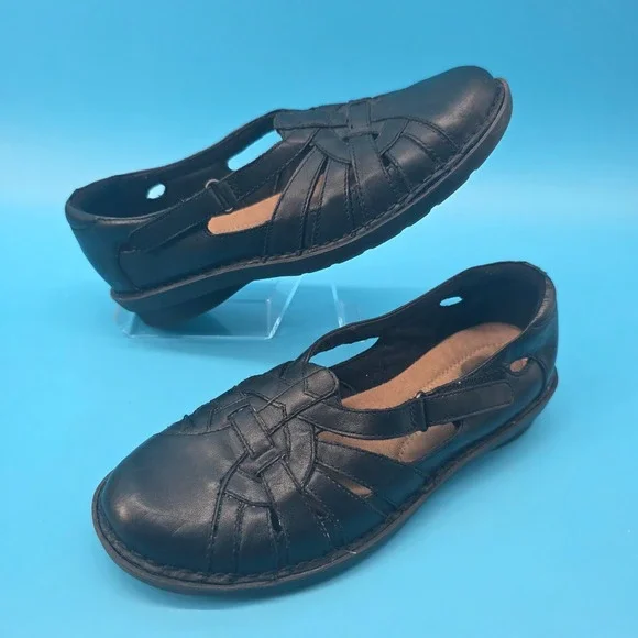 Clarks Womens Black Leather Fisherman Sandals 85716 Strappy Comfort Flats 7.5M