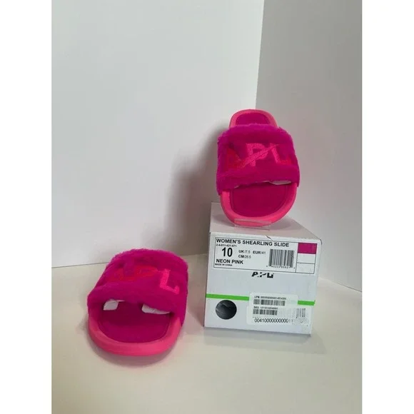 APL Women's Shearling Slide Neon Pink Fuzzy Logo Sandals Size 10